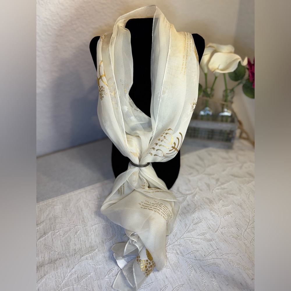 Messianic Prayer Scarf/Runner: Yeshua‎ Menorah & Scripture Gold Foil (60”x 20”)